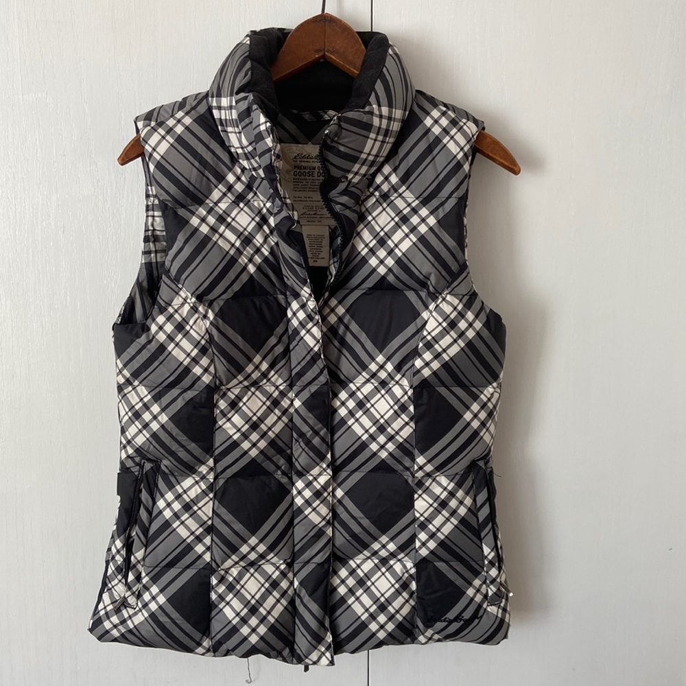 Eddie Bauer women’s XS black & white plaid goose down zipper and snap vest